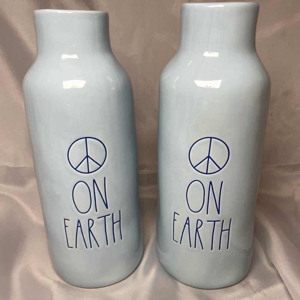 Rae Dunn Set of 2 PEACE ON EARTH Christmas Festive Holiday Vases